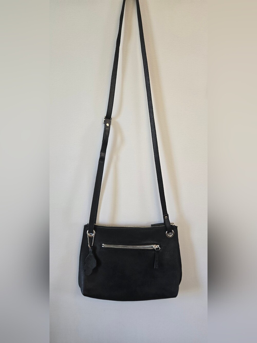 Black Roots Leather Edie Crossbody Bag with Front Zip Pocket